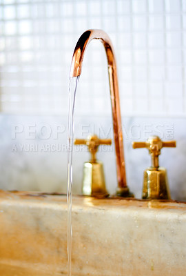 Buy stock photo Faucet, copper and tap with water running for cleaning, washing and hygiene in kitchen or bathroom. Plumbing, home decoration and closeup of stream of liquid, aqua and drops in basin for cleansing