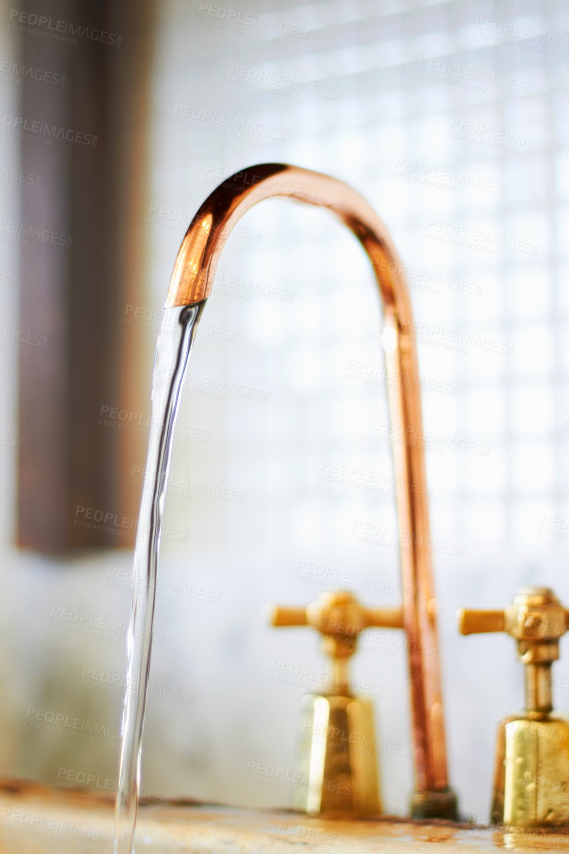 Buy stock photo Faucet, copper and tap with stream of water for cleaning, washing and hygiene in kitchen or bathroom. Plumbing, home decoration and closeup of running liquid, aqua and drops in basin for cleansing