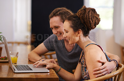 Buy stock photo Home, couple and typing with laptop, keyboard and planning with online reading and research. Breakfast, apartment and dreadlocks with man or woman with computer and internet with tech, rasta or email
