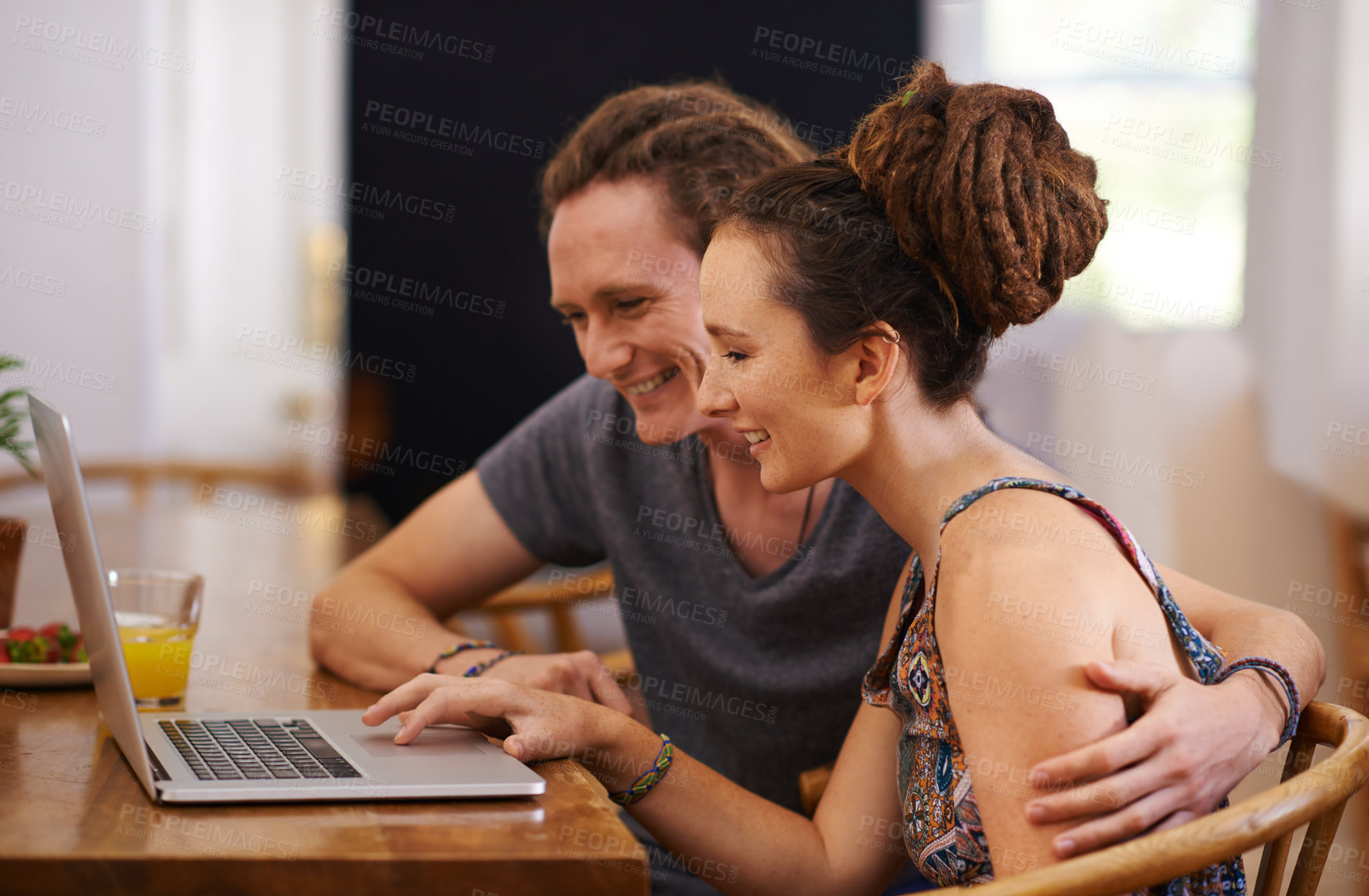 Buy stock photo Home, couple and typing with laptop, keyboard and planning with online reading and research. Breakfast, apartment and dreadlocks with man or woman with computer and internet with tech, rasta or email