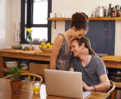 Buy stock photo Home, couple and typing with laptop, hug or email with online reading, breakfast or research. Planning, apartment or dreadlocks with man or woman with computer or internet with tech, smile or embrace