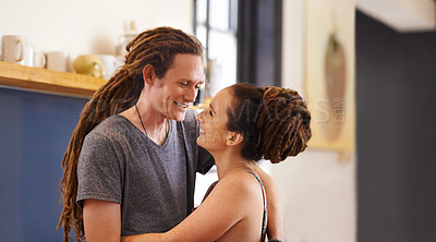 Buy stock photo Hug, rasta and home with couple, love and bonding together with happiness and relaxing. Marriage, apartment and embrace with romance and dreadlocks with relationship and cheerful with man and woman