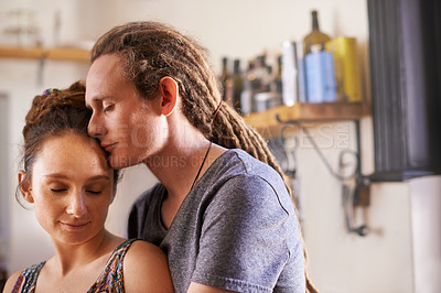 Buy stock photo Hug, rasta and home with couple, peace and bonding together with happiness and calm. Marriage, apartment and embrace with romance and dreadlocks with relationship and morning with man, love and woman