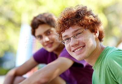 Buy stock photo Portrait, children and friends in a park together during summer for bonding outdoor on holiday. Friendship, kids or boys with a young child and best friend outside in the day on a blurred background