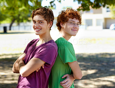 Buy stock photo Portrait, kids and friends in a park together during summer for bonding outdoor on holiday. Friendship, children or boys with a young child and best friend outside in the day on a blurred background
