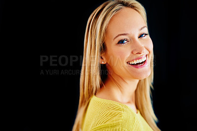 Buy stock photo Skincare, space or portrait of happy woman laughing in studio isolated on black background for mockup. Smooth, facial cosmetics or face of confident model or natural female person with shine and glow