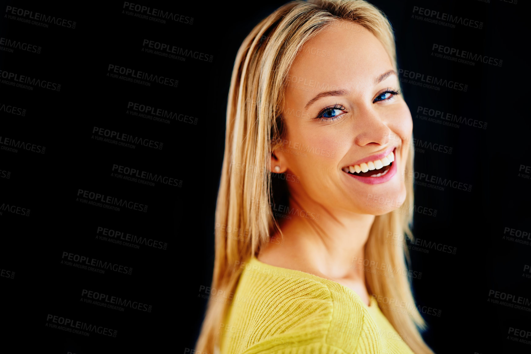 Buy stock photo Skincare, space or portrait of happy woman laughing in studio isolated on black background for mockup. Smooth, facial cosmetics or face of confident model or natural female person with shine and glow