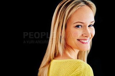 Buy stock photo Skincare, mockup space or portrait of happy woman in studio isolated on black background for beauty. Facial, cosmetics or face of confident model or natural female person with shine, pride and glow