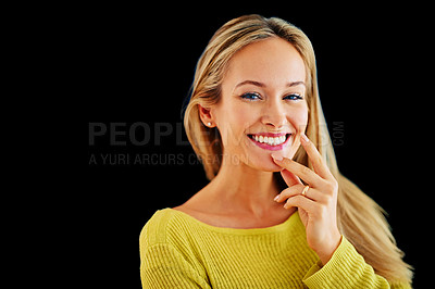 Buy stock photo Dark background, portrait and woman with idea, thinking and plan for story of fantasy for author in studio. Adult, girl and female person daydreaming of inspiration in mind, contemplating and happy