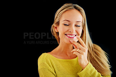 Buy stock photo Happy, creative and woman with idea, thinking and plan for story of wonder for author on black background. Adult, girl and female person daydreaming of inspiration in mind, contemplating and smile