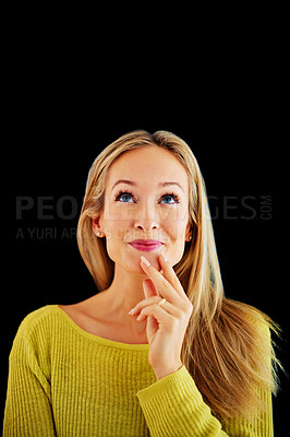 Buy stock photo Studio, smile and woman with idea, thinking and plan for story of insight for author in black background. Adult, girl and female person daydreaming of inspiration in mind, contemplating and happy