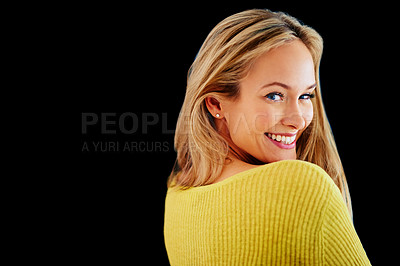 Buy stock photo Fashion, mockup or portrait of woman with smile or style in studio isolated on black background space. Clothes, happy lady or back of confident model or person with discount deal, ad offer or sale