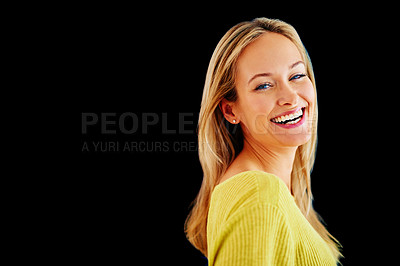Buy stock photo Fashion, mockup or portrait of happy woman laughing in studio isolated on black background for style. Clothes, lady or face of confident model or proud female person with discount deal, offer or sale