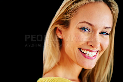 Buy stock photo Natural skincare, space or portrait of happy woman in studio isolated on black background for mockup. Smooth, facial cosmetics or face of confident model or female person laughing with shine and glow