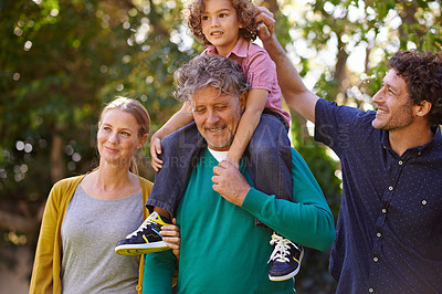Buy stock photo Big family, garden and happiness with child, nature and sunshine with weekend break or bonding together. Parents, grandfather and dad with mother and kid for joy and summer with fun, love or backyard