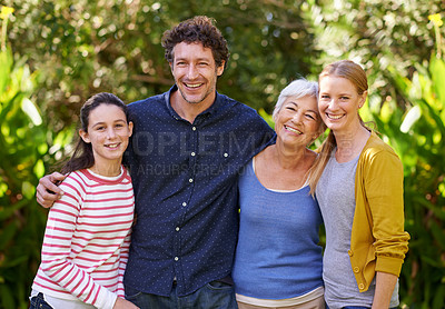Buy stock photo Family in portrait, parents with kid and grandmother outdoor, happiness in nature park together. Love, trust and support with happy people spending quality time outside with care and generations