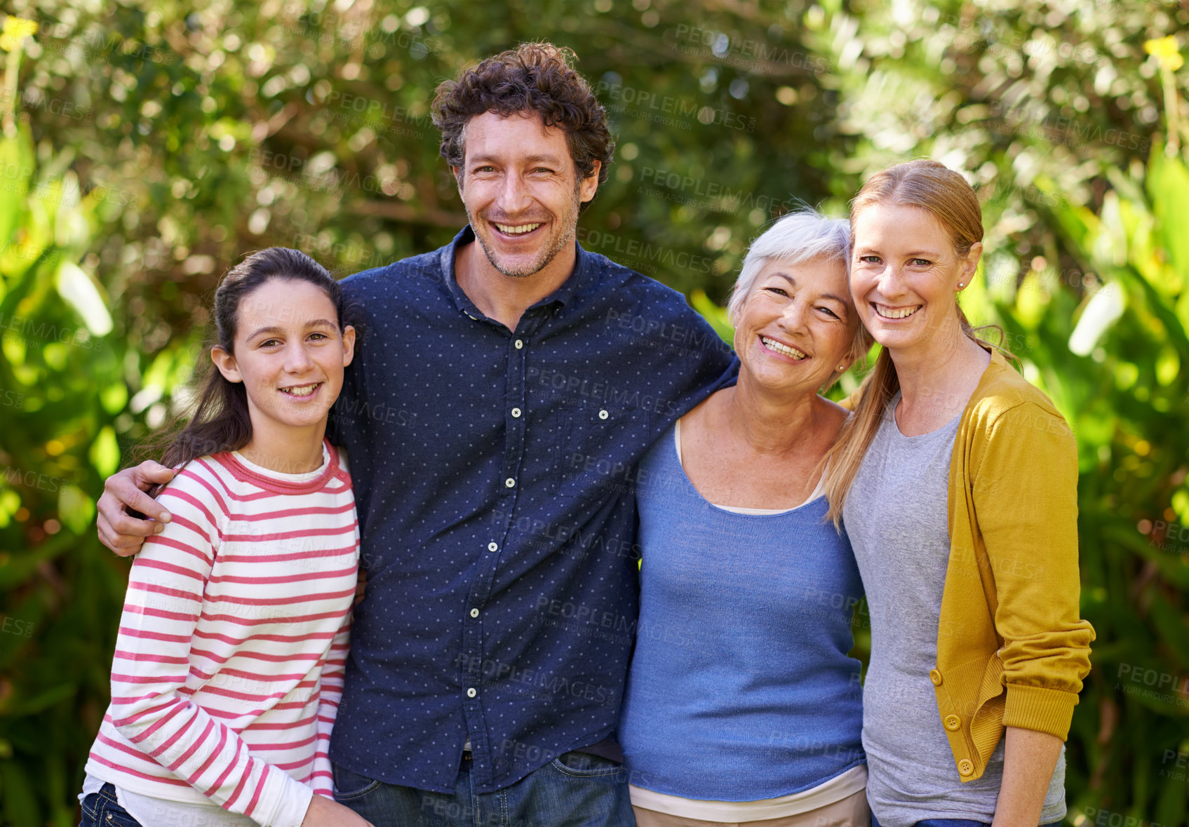 Buy stock photo Family in portrait, parents with kid and grandmother outdoor, happiness in nature park together. Love, trust and support with happy people spending quality time outside with care and generations