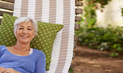 Buy stock photo Senior woman and smile in garden with hammock to relax for retirement, break and enjoy. Portrait, female person and happy at home in summer or hot weather for outdoor and 
satisfied with me time.  