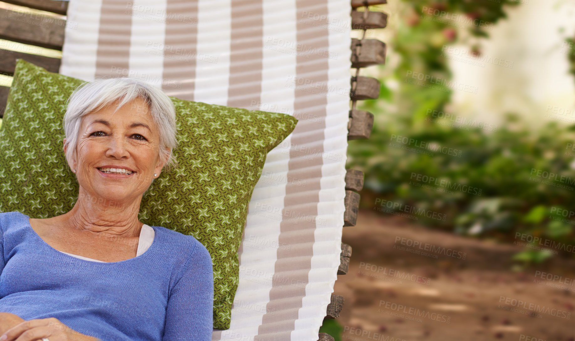 Buy stock photo Senior woman and smile in garden with hammock to relax for retirement, break and enjoy. Portrait, female person and happy at home in summer or hot weather for outdoor and 
satisfied with me time.  