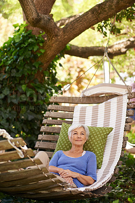 Buy stock photo Senior, woman and retirement in the garden during a summer vacation is motivation for happiness for vision. Elderly, person and tree while thinking in spring is calm in the environment with a smile.