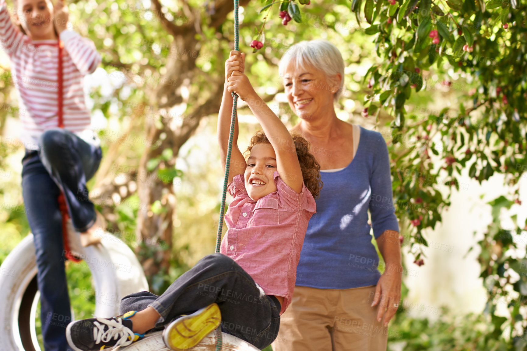 Buy stock photo Shot of a woman helping her grandson on a tire swing with her granddaughter in the background