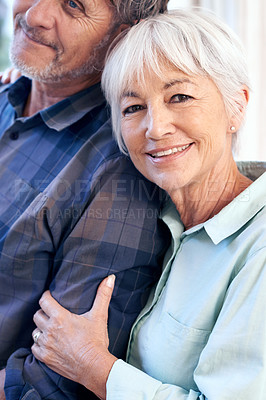 Buy stock photo Portrait, senior couple and happy woman with man for love, care or bonding together in home. Face, partner or elderly people with commitment to marriage, loyalty or healthy relationship in retirement