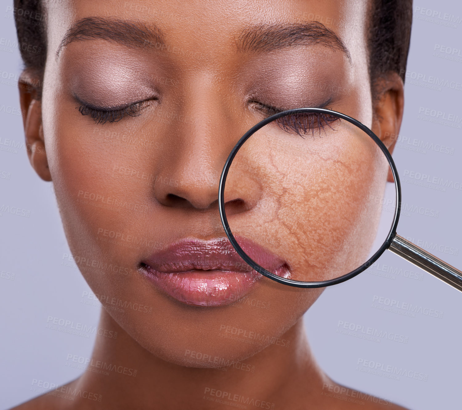 Buy stock photo Face, beauty and magnifying glass for exam with black woman closeup in studio on purple background. Skincare, facial or investigation and young model with tool for dermatology or cosmetic inspection