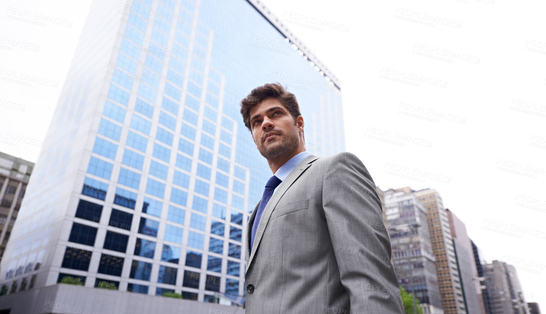 Buy stock photo City, morning and business man for commute, travel and walking journey to office building. Corporate, low angle and male person in urban town for confidence, professional and employee for career