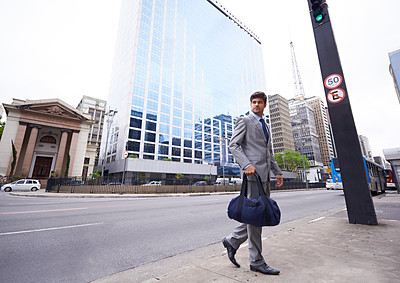 Buy stock photo Business man, city and bag for commute outdoors, employee and travel to work or company. Male person, professional lawyer and duffel in downtown, attorney and journey to law firm or office building