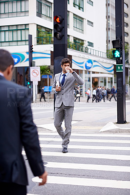 Buy stock photo Businessman, city and coffee with commute, travel and  thinking for career or job. Man, crosswalk and cape town with cityscape, startup or professional work with morning routine in urban environment