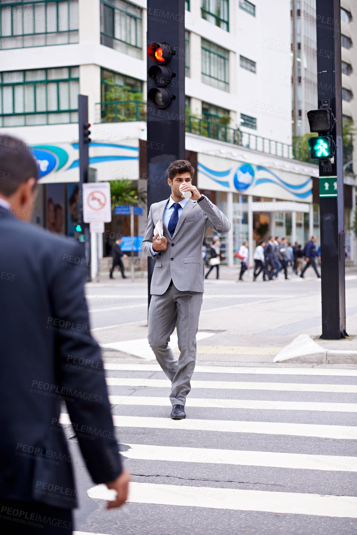 Buy stock photo Businessman, city and coffee with commute, travel and  thinking for career or job. Man, crosswalk and cape town with cityscape, startup or professional work with morning routine in urban environment