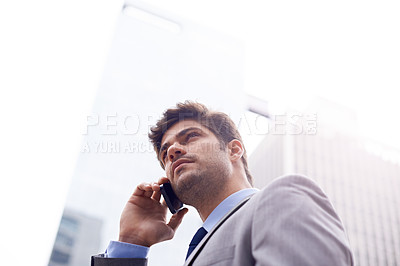 Buy stock photo Business man, phone call and consultation in outdoor city, speaking and b2b on commute or journey. Professional person, networking and app for communication in urban, negotiation and lawyer planning