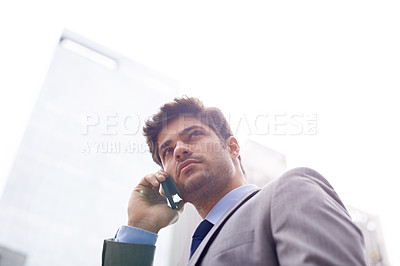 Buy stock photo Business man, phone call and speaking in outdoor city, planning and b2b on commute or journey. Professional person, networking and app for communication in urban, negotiation and lawyer consulting