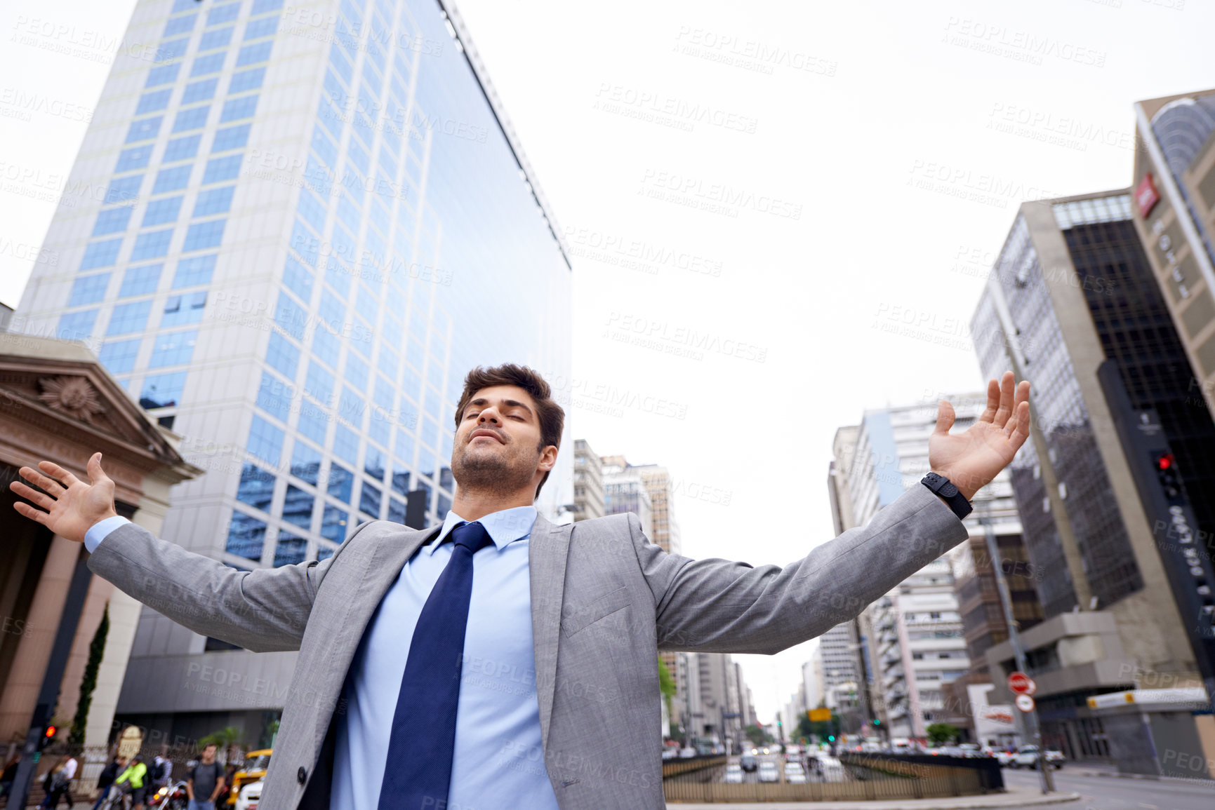 Buy stock photo Businessman, city and street with ambition, celebration and freedom for corporate happiness. Man, cape town and excited with goals, success and startup target and professional worker with career