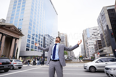 Buy stock photo Businessman, city and street with happy, celebration and freedom for corporate ambition. Man, cape town and excited with goals, success and joy for startup target and professional worker with career