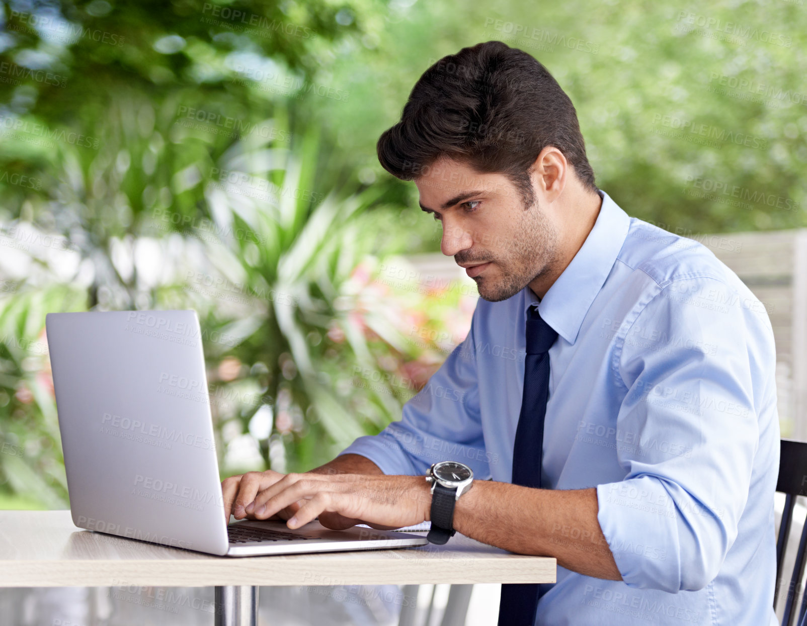 Buy stock photo Laptop, typing and businessman in outside cafe, online and work on computer. Keyboard, internet and technology for email for professional male person, freelancer and remote work on website project 