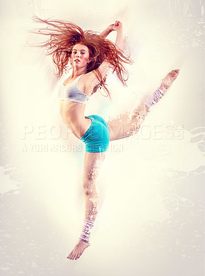 Buy stock photo Portrait, dance and jump with a redhead woman in studio on a white background for art or creative expression. Freedom, energy and training with a confident young dancer at a recital or rehearsal