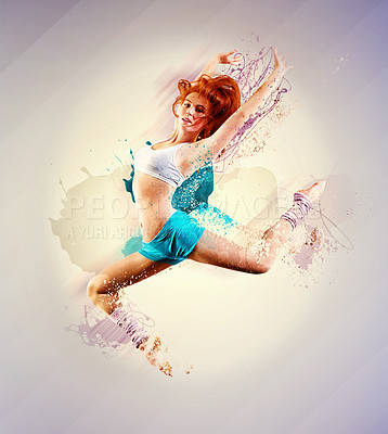 Buy stock photo Woman, dancer and jump art paint for creative expression exercise, white background or colorful overlay. Female person, aerobics and workout gymnastics or fit leap as energy practice, moving training