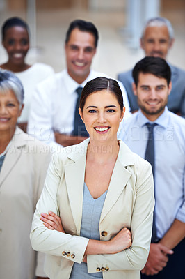 Buy stock photo Portrait, leadership and group of business people with woman manager, confidence and solidarity at startup. Community, professional men and women together in office with teamwork, pride and trust