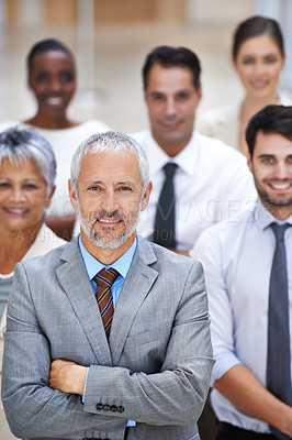 Buy stock photo Portrait, leadership and group of business people with arms crossed, confidence and solidarity at startup. Community, professional men and women together in office with team, pride and senior manager