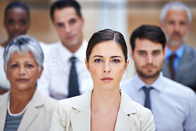 Buy stock photo Portrait, community and group of serious business people with manager, confidence and solidarity at startup. leadership, professional men and women together in office with teamwork, pride and trust