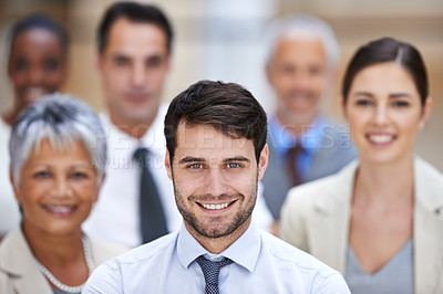 Buy stock photo Portrait, leadership and group of business people with teamwork, confidence or solidarity at startup. Community, professional men and women together in office with manager, pride and trust with smile