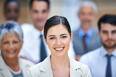 Buy stock photo Portrait, leadership and business people with woman in office with smile, confidence and solidarity startup. Happy community, professional men and women together in company with team, pride and trust