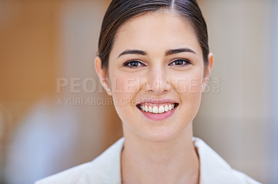 Buy stock photo Portrait, business and woman with startup, smile and PR company developer in a workplace. Face, person and corporate with employee, joy and entrepreneur with confidence, modern office or professional