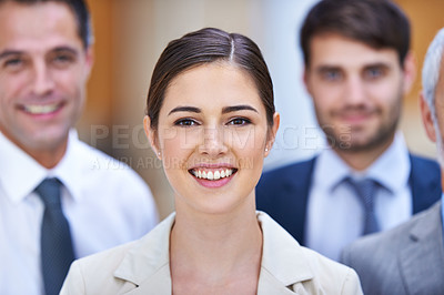 Buy stock photo Portrait, opportunity and group of business people with woman, confidence and leadership at startup. Community, professional men and women together in office with team, pride and happy female manager