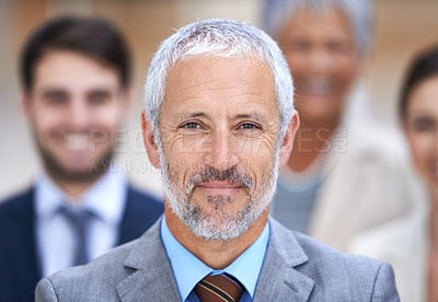 Buy stock photo Business man, portrait and boss for leadership with team, confidence and about us, management or law firm. Face of senior lawyer, employees and group of people with smile or happy for career meeting