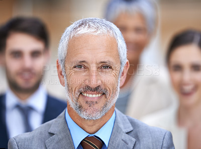 Buy stock photo Business man, portrait and CEO for leadership with team, confidence and about us, management or law firm. Face of senior lawyer, employees and group of people with smile or happy for career values