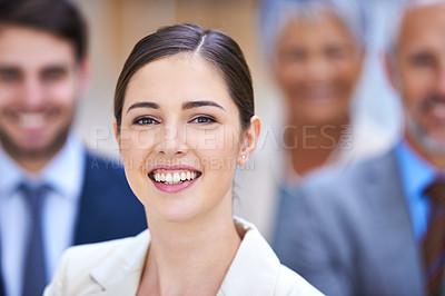 Buy stock photo Business woman, portrait and leadership for teamwork, confidence and about us in office, workplace or law firm. Face of lawyers, employees and group of people with smile or happy for career or values