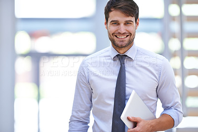Buy stock photo Smile, tablet and portrait of businessman in office for online research, internet and website. Professional person, technology and happy with confidence for job pride, digital schedule and email