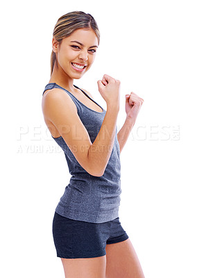 Buy stock photo Studio, excited and portrait of athlete, smile and ready to workout for fitness, health and wellness. Woman, adult and female person with care for body with sports, fist and win for girl to celebrate
